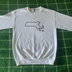 White Crewneck Sweatshirt with Massachusetts Outline